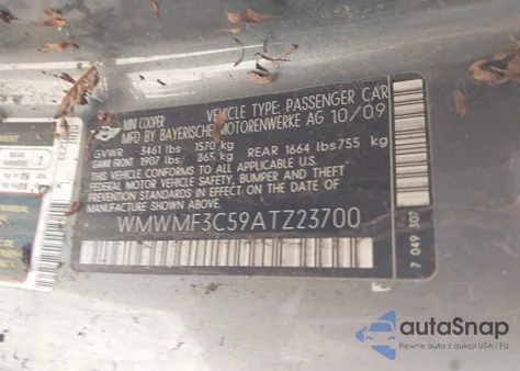 2010 Mini Cooper из США, поврежденный, VIN WMWMF3C59ATZ23700